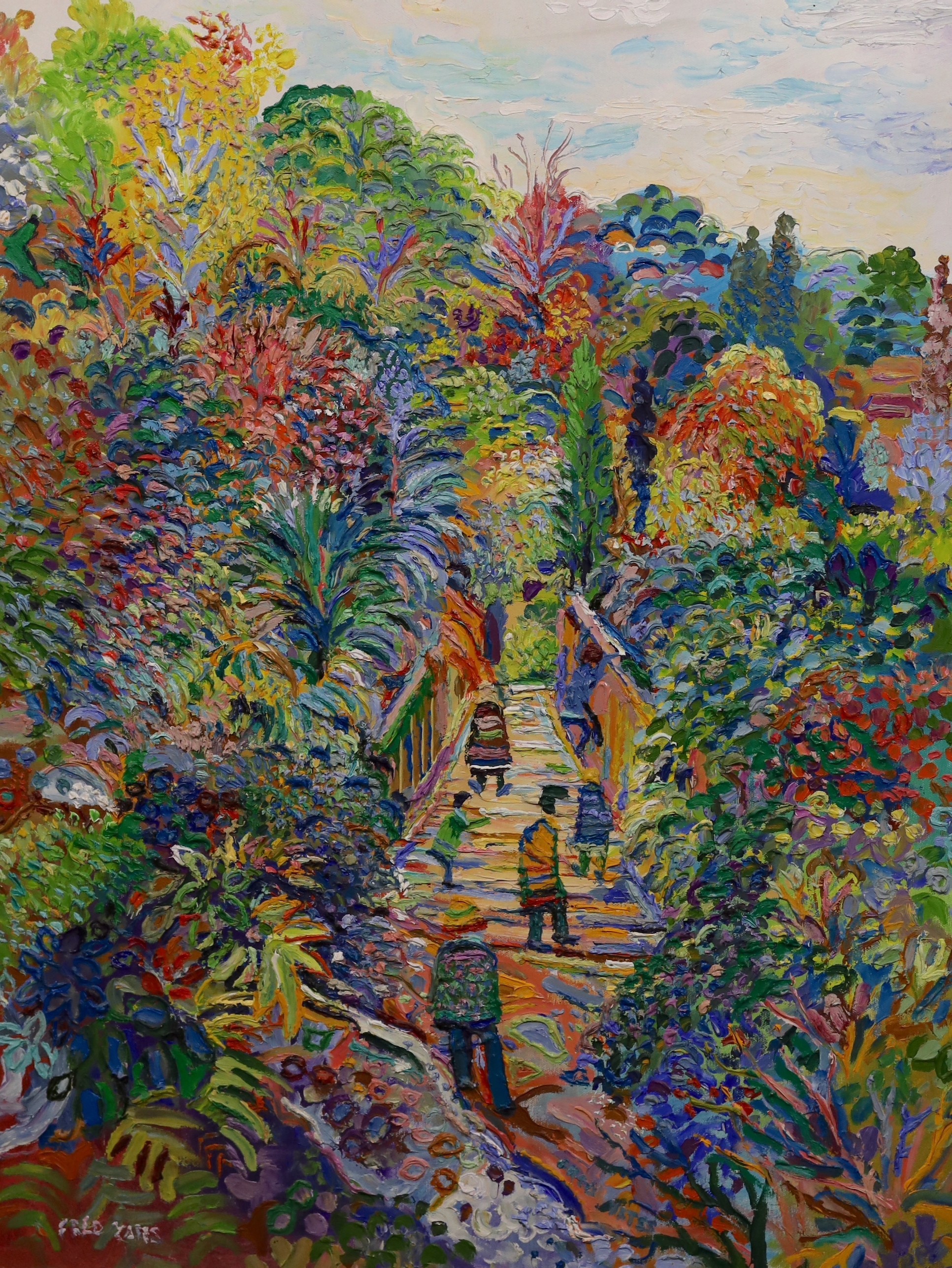 Fred Yates (British, 1922-2008), Figures on a woodland path, oil on canvas, 89 x 69cm